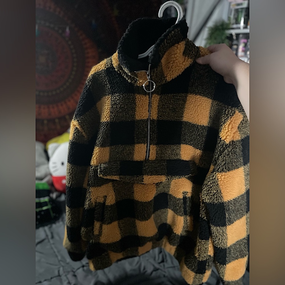 Fuzzy plaid sweater